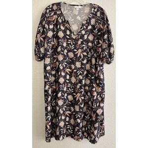 Pure Jill Floral V-Neck Shift Dress Black Blush Pink Short Sleeve Petite